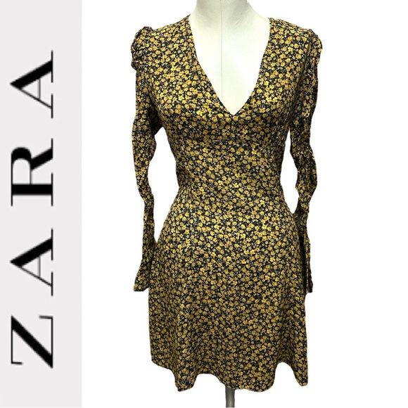 Zara Dresses & Skirts - NWT ZARA Floral Yellow and Black Mini Dress - Long Sleeve V-Neck (Size XS)